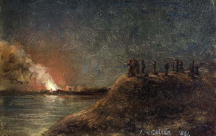 Akseli Gallen-Kallela Tulipalon katselijat pitkansillan rannassa. oil painting image